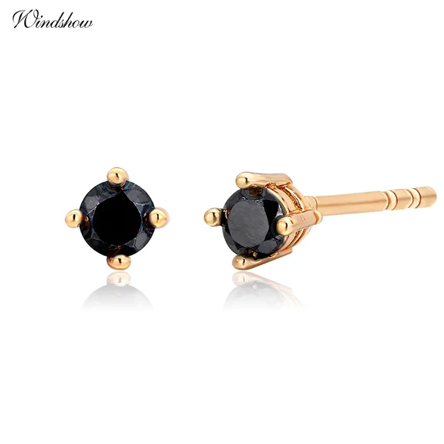 Cute Yellow Gold Color Four Claw Round Black Cz Mini Small Stud Cute Yellow Gold Color Four Claw Round Black Cz Mini Small Stud Earrings For Womens Kids