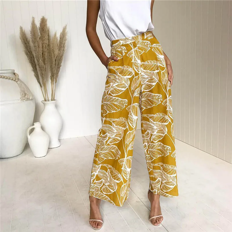 Широкие брюки женские свободные листья принт женские брюки женские Лето Весна повседневные брюки с высокой талией 2019 pantalon