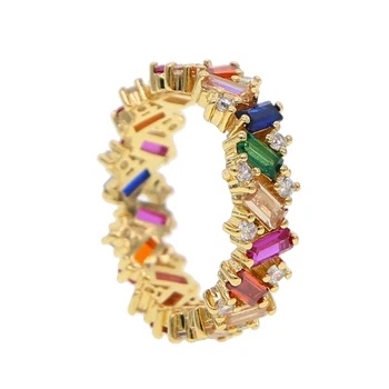 

yellow Gold Color fashion jewelry rainbow square baguette cz engagement rings for women colorful cubic zirconia cz eternity ring