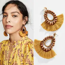 Dvacaman Boho серьги с бахромой для женщин этнические деревянные бусины ручной работы висячие серьги большие массивные ювелирные изделия Вечерние