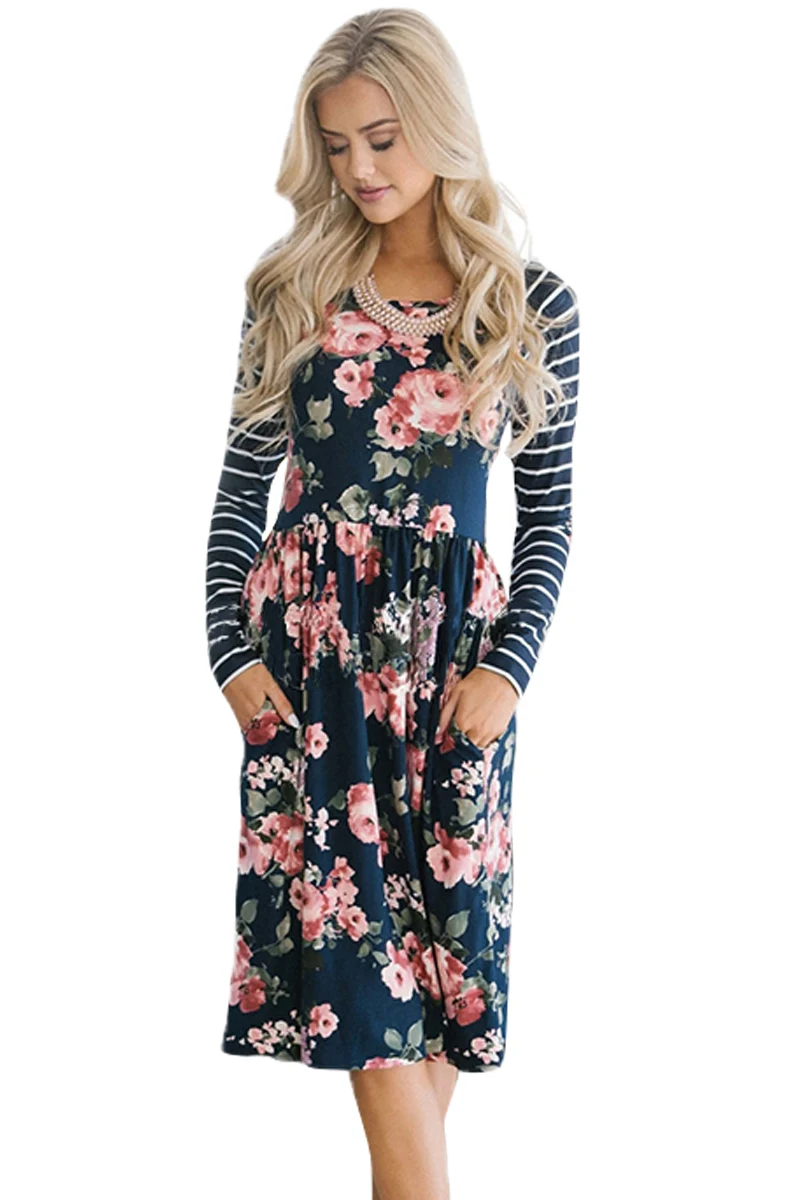 Navy-Floral-Stripe-Long-Sleeve-Side-Pocket-Boho-Dress-LC610339-5-1