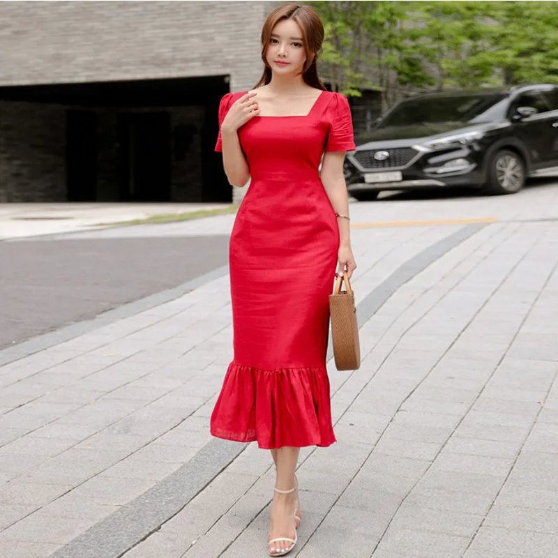 

Ladies New Summer Fashion Dress Women Elegant Ruffles Split Dress Slim Hips Dress