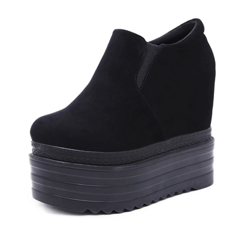 Ботинки на высоком каблуке 13 см осенние черные замшевые ботинки на танкетке Модные женские ботильоны обувь на танкетке, увеличивающая рост