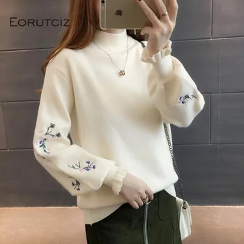 

EORUTCIZ Winter Plus Size 3XL Embroidey Turtleneck Sweater Women Vintage Pullovers Oversize Knitting Autumn Short Sweater LM140