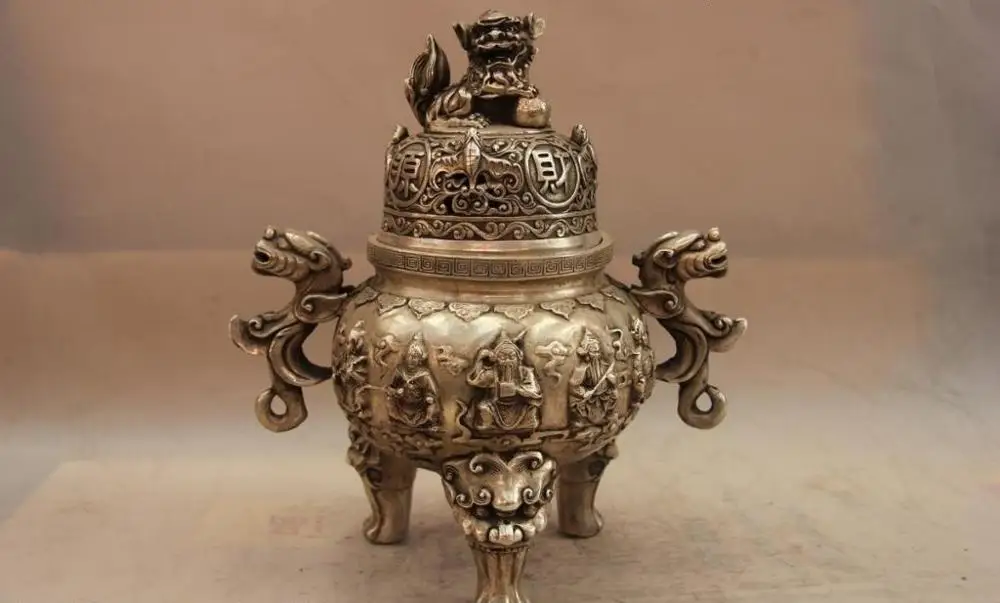 

China White Copper Silver Foo Dog Lion Dragon Bat Buddha Incense Burner Censer