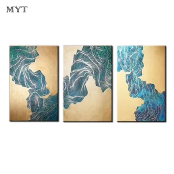 

Original Artist Handmade Wall art Picture Abstract Oil Painting 3 pieces blue bending line On Canvas for Home Decor no frame