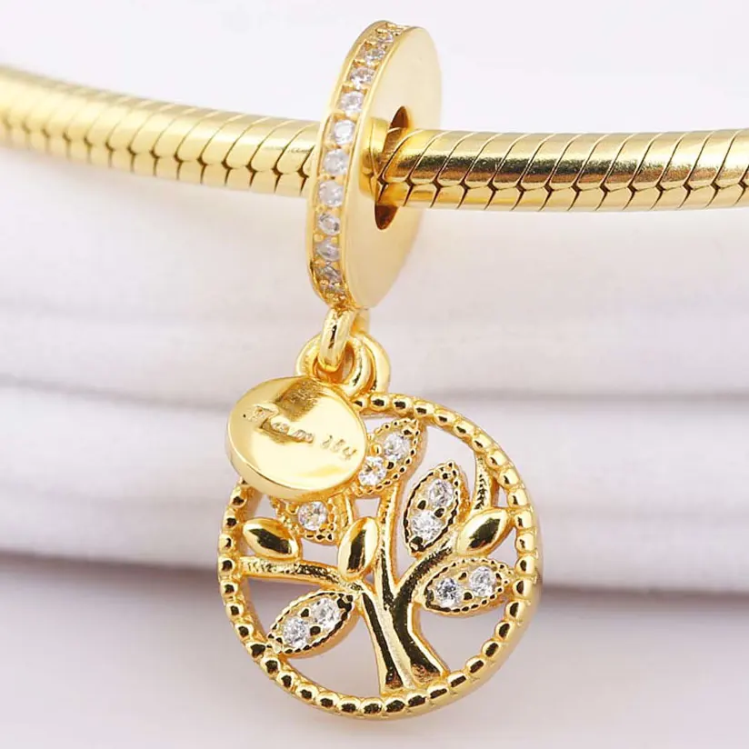 

New 925 Sterling Silver Bead Charm Gold Color Shine Family Heritage Family Tree Pendant Beads Fit Pandora Bracelet Diy Jewelry