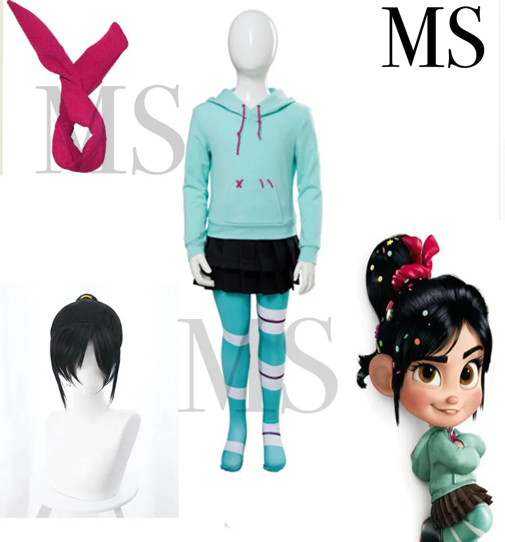 

Wreck-It Ralph Vanellope Von Schweetz Cosplay Costume for Kids children hoodies skirt tight wig anime set custom made size