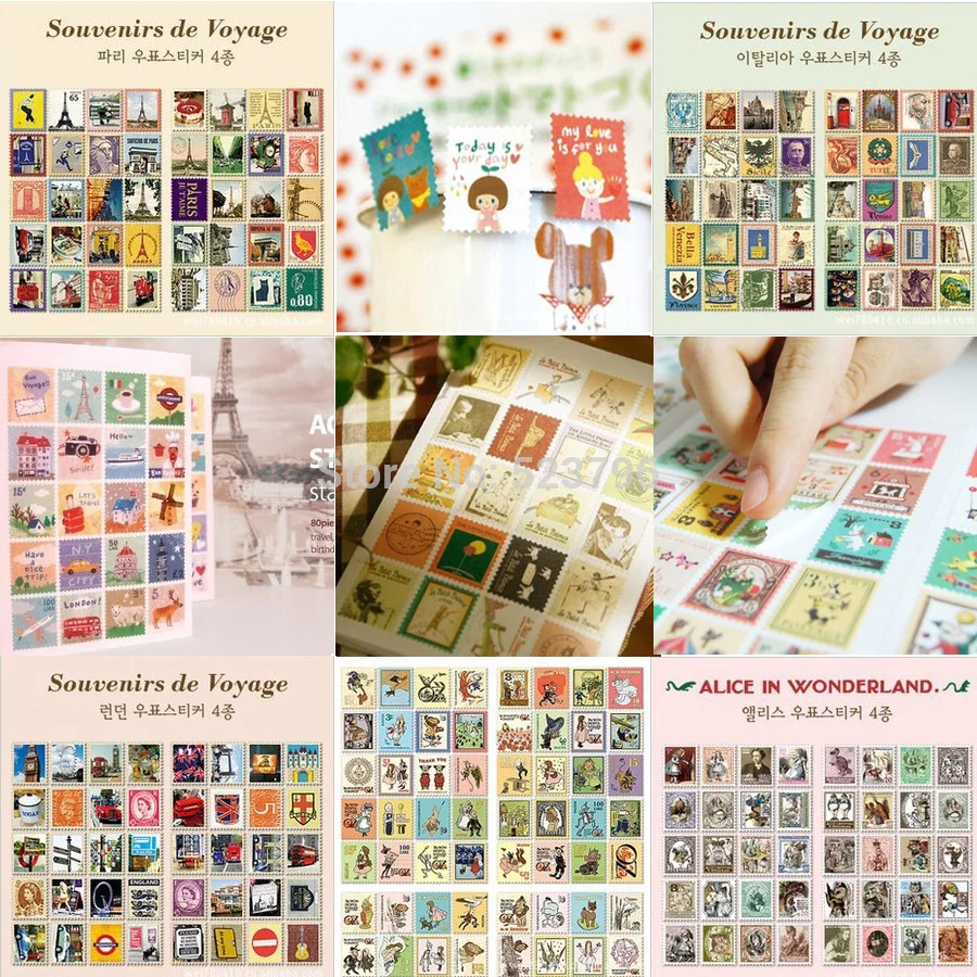 

Free shipping 1 Lot=4piece*80=320 Sheets Stickers DIY Scrapbooking Paper Vintage Stamps Stickers Retro Decoration Sticker
