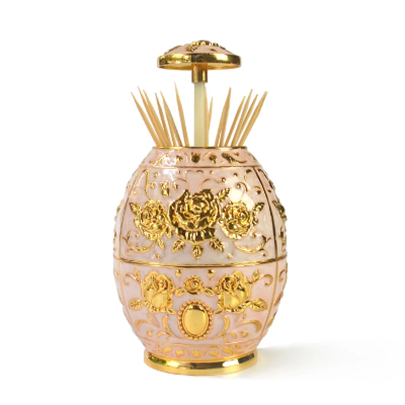 

European fashion unique egg-shaped automatic toothpick dispenser gold embossed round royal toothpick box bracket home decoration