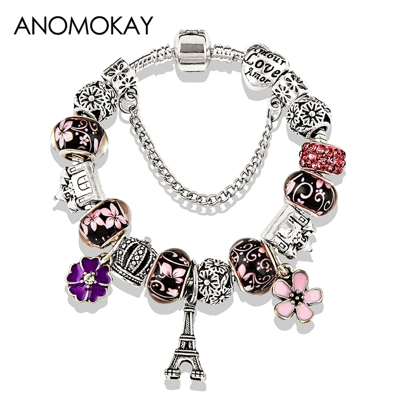 

2017 Antique Silver Color Eiffel Tower Charm Bracelet 5 Colors Crystal Flower Beads Bracelets & Bangles for Women Jewelry Gift