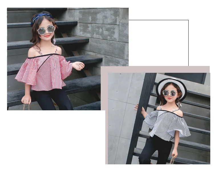 big girl summer shirt petal sleeve off shoulder black red striped blouse for girls toddler children clothing 2018 new tops clothes (16)