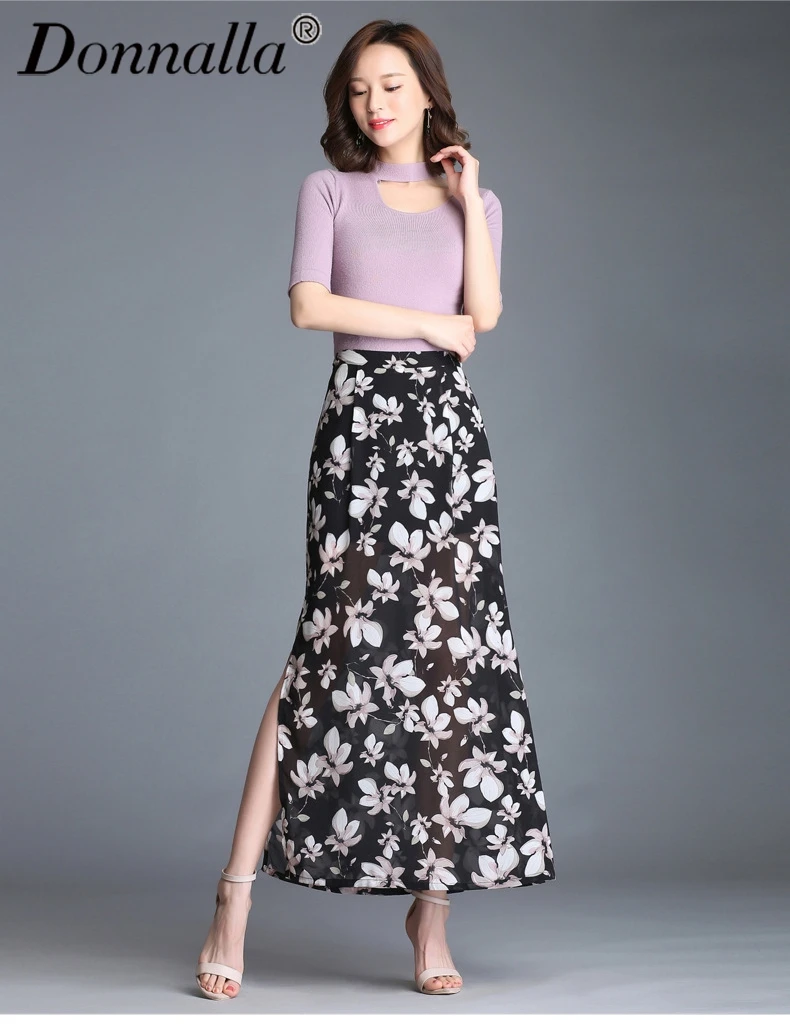 Donnalla Women Skirts Flower Printed Chiffon Straight Skirt Ladies High