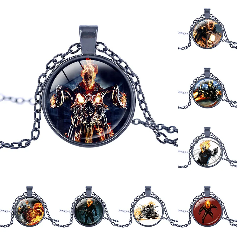 

Vintage Flame skull necklace Ghost Rider pendant Marvel Comic Superhero jewelry hell demon Goth Biker Motorcycle Ghost Rider