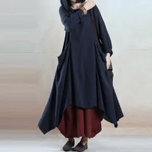 ZANZEA/женское свободное плиссированное платье-Кафтан с овальным вырезом, длинным рукавом и асимметричным подолом, весна, для отдыха, из хлопка и льна, мешковатые вечерние длинные платья
