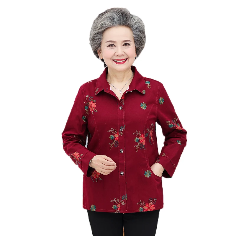 WAEOLSA Grandma Casual Shirts Red Navy Blue Floral Print Blouses