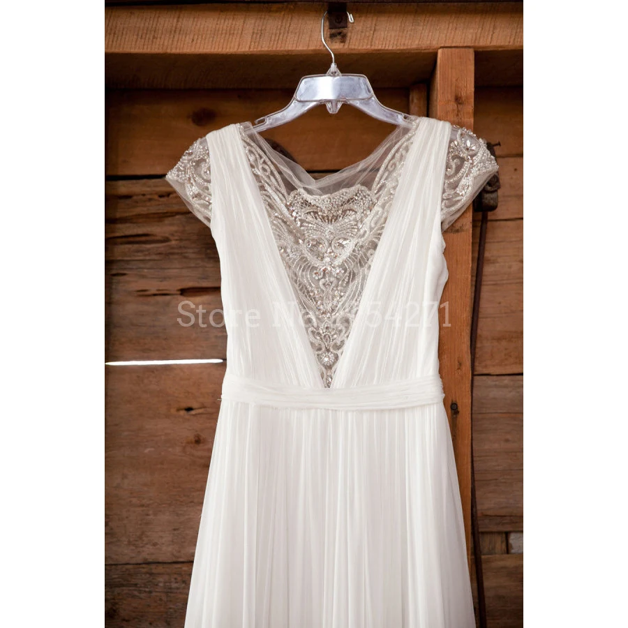 

Beach Wedding Dress 2019 Hand Made Beadings Crystals Short Cap Sleeves Boho Wedding Gown Romantic Vestido De Novia