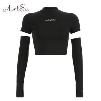 

ArtSu Fashion Vogue T shirt Femme Black Long Sleeve Crop Top Woman Tshirt Top Black Sunscreen T-shirt Camisetas Mujer ASTS20705
