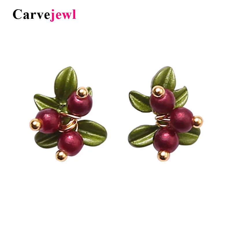 Carvejewl милые серьги-гвоздики с фруктами Клюква акриловые бусины зеленые листья серьги для женщин элегантные ювелирные изделия Свадебные аксессуары