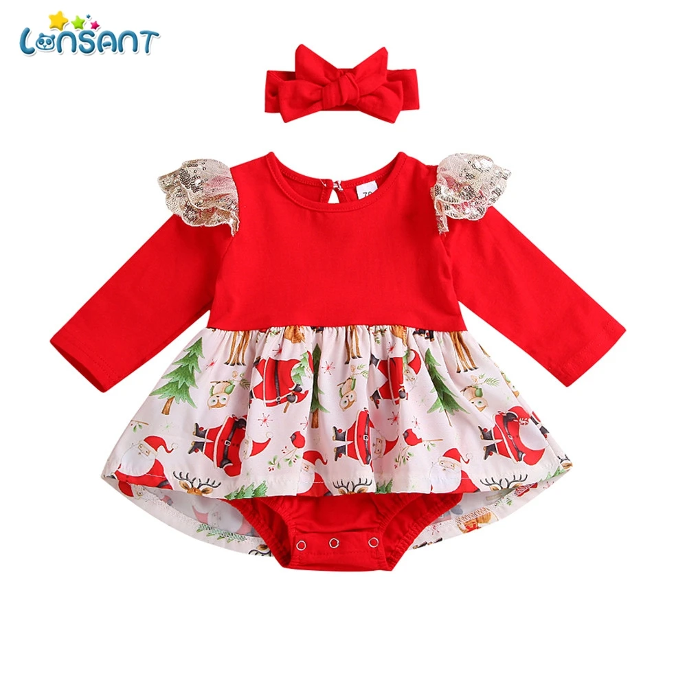 

LONSANT High Quality Red Newborn Baby Girl Christmas Clothes Cotton Long Sleeve Lace Romper Outfits Clothes Set Xmas Gift 2PCS