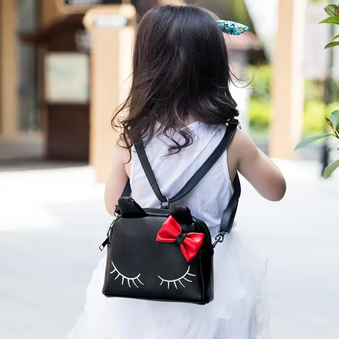 New Sweet Girl Shoulder Bag PU Leather Zipper Cute Cat Bow Handbag Kids Casual Bags WML99