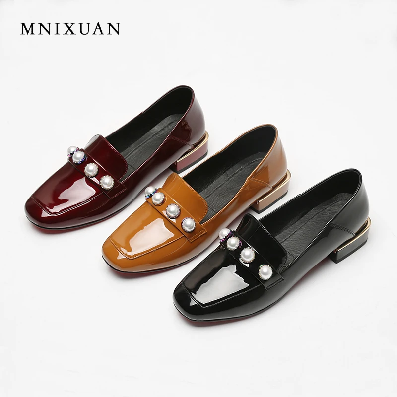

MNIXUAN Handmade office spring autumn women shoes low heels pumps patent leather square toe pearls slip on solid ladeis shoes