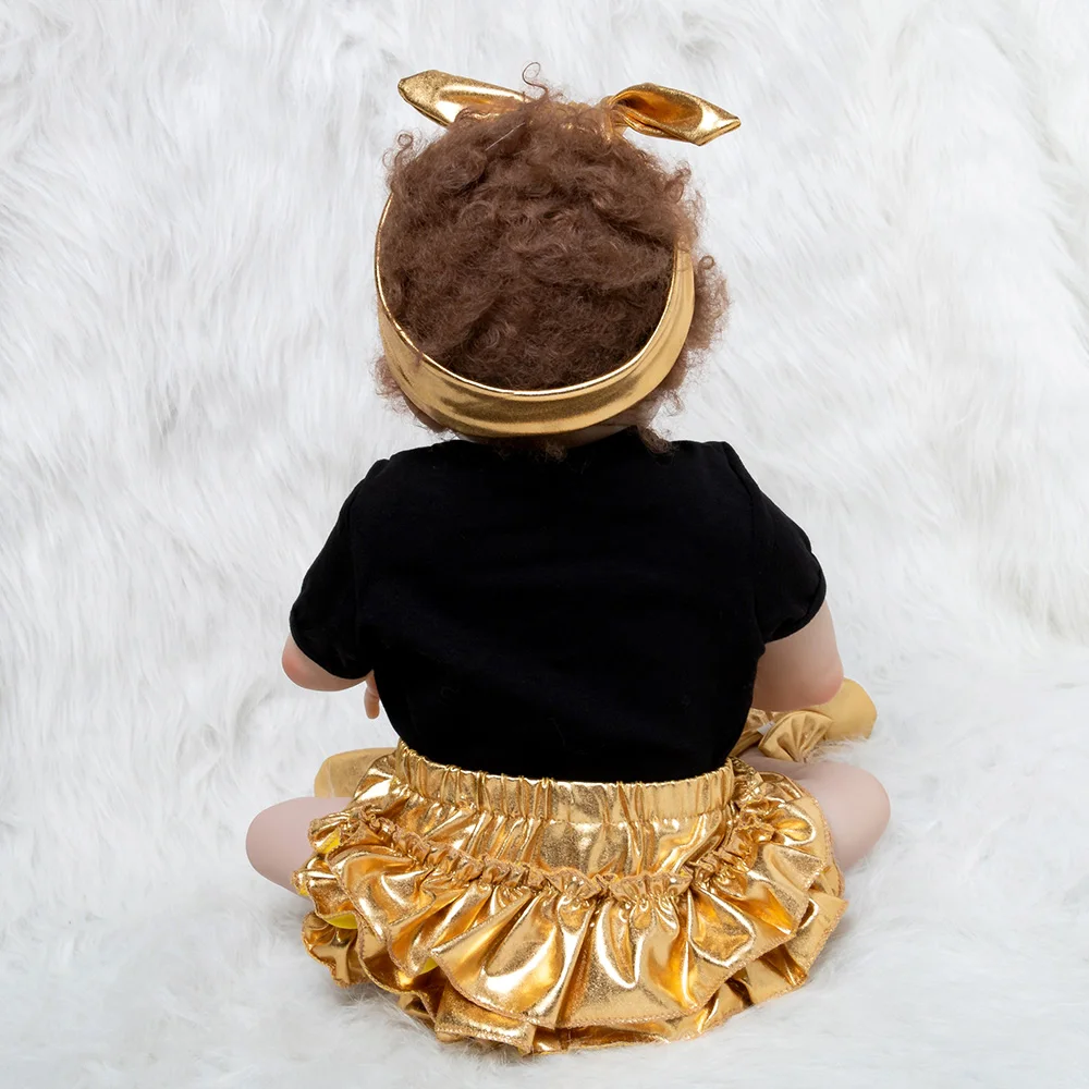 Золотые куклы реборн детские игрушки девочка 55 см Кукла Новорожденный рождественские подарки и комплекты одежды черный хлопковый комбинезон+ шаровары+ обувь+ повязка на голову