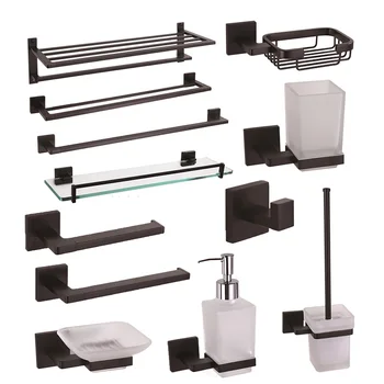 

Black Bathroom Hardware Sets Brass Soap Dish Towel Rails Robe Hooks Toilet Brush Roll Holder Bathroom Accessories Glass Shelf