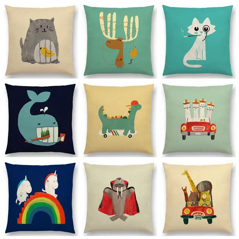 

Hot Sale Funny Cartoon Cute Animals Good Friends Happy Days Cat Moose Elephant Unicorn Whale Colorful Cushion Sofa Throw Pillow