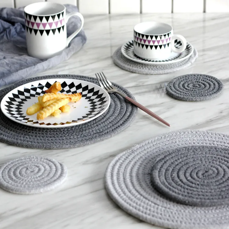 3Pcs/Lot Placemat Pad Coasters Kitchen Table Mats Cotton Knitting Bowl Mats Padding Mat Insulation Pad Round Placemats Hand-made