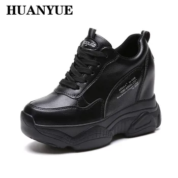 

New 2019 Autumn PU Leather Sneakers Hidden Increasing Shoes Women Wedge Casual Shoes Comfortable High Heels 10 CM Platform Shoes