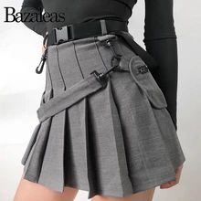 Bazaleas Grey Sashes Fashion Pleated Skirts Punk Mini Skirt Vintage Women Skirts Sexy harajuku Short Skirts Casual