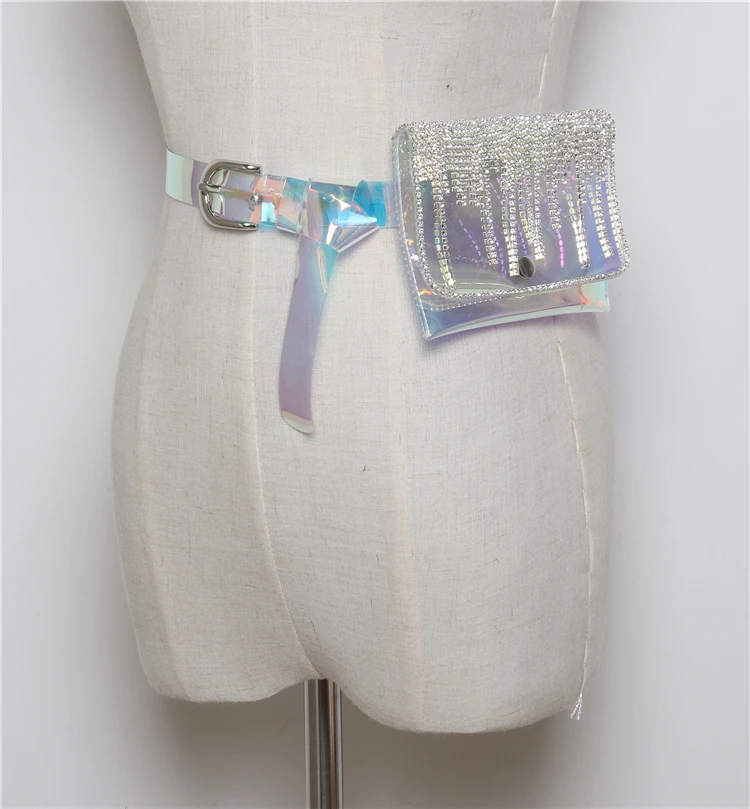 Корейская мода голографическая Лазерная ПВХ поясная упаковка женские черные прозрачные пластиковые Стразы кисточка бахрома пояс поясная сумка
