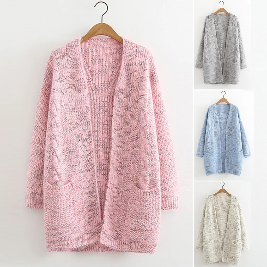 Europe Women Autumn Winter Sweater Cardigan Long Sleeve Solid Open Front Cardigans Jumper Sweaters With Pocket Tops |