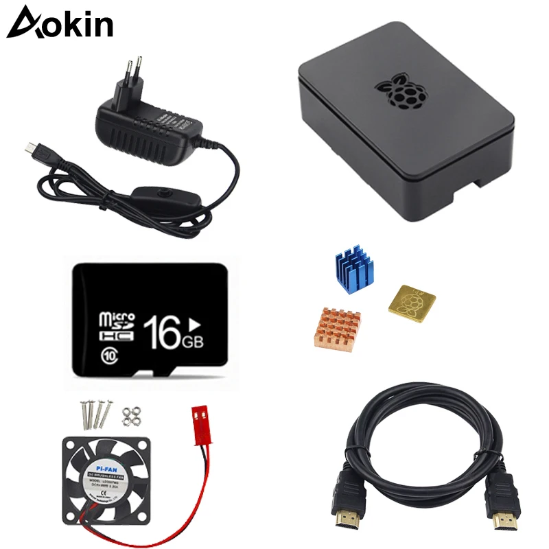 Для Raspberry Pi 3B +/3/2 комплекта ABS корпус + вентилятор охлаждения + Мощность адаптер с выключателем + теплоотвод + кабель HDMI + 16 ГБ SD карты
