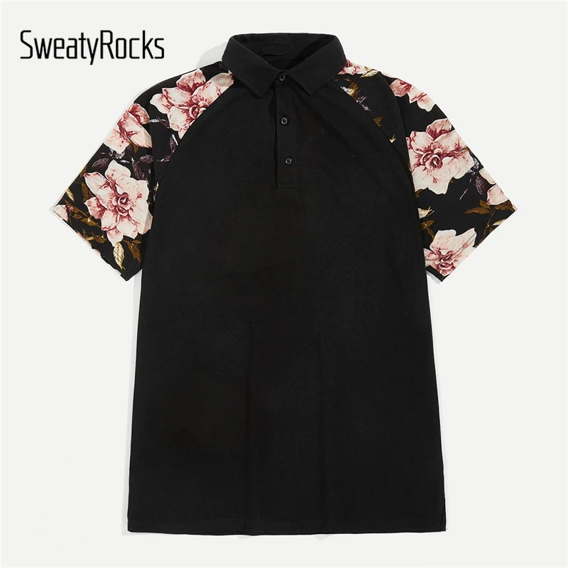 SweatyRocks Мужская рубашка поло с рукавом реглан и цветочным принтом, летние топы с коротким рукавом, Мужская Уличная одежда, повседневные Черные футболки и топы