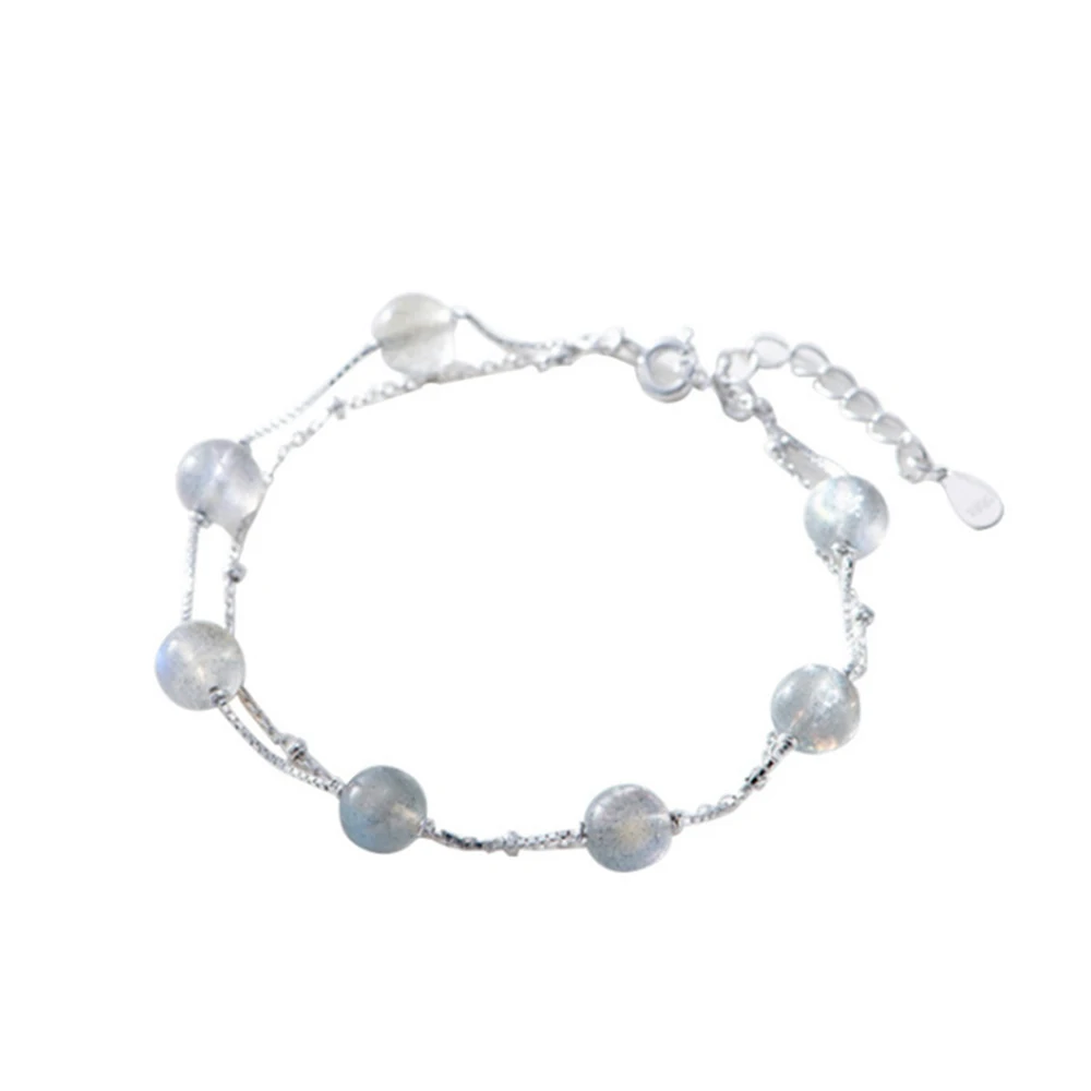 

Multilayer Chains 6.5mm Natural Moonstone Labradorite Gem Stone Beaded Bracelets Women Birthstone 925 Sterling Silver Bracelet