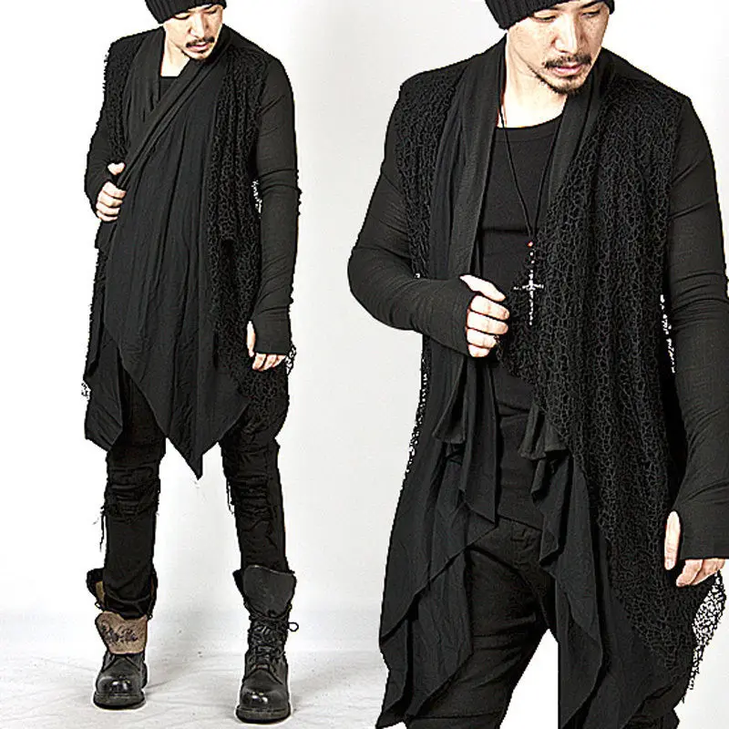 

Plus Size New Trendy Mens Knitted Tops Avant-garde Unique Mesh Accent Arm Warmer Shawl Cardigan Long Sleeve Coat Size M-3XL