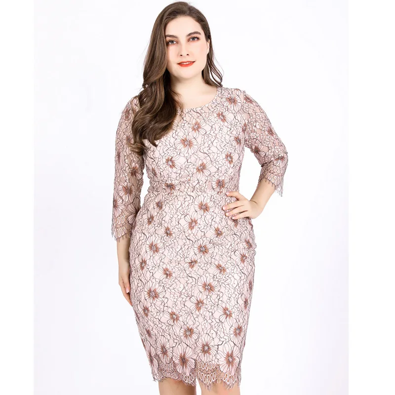 B& N цветочное кружевное платье, M-6XL, большой размер, короткое платье для женщин, ткань, ночная рубашка, платье, летнее, цветочное, до колена, сексуальное, облегающее - Цвет: beige