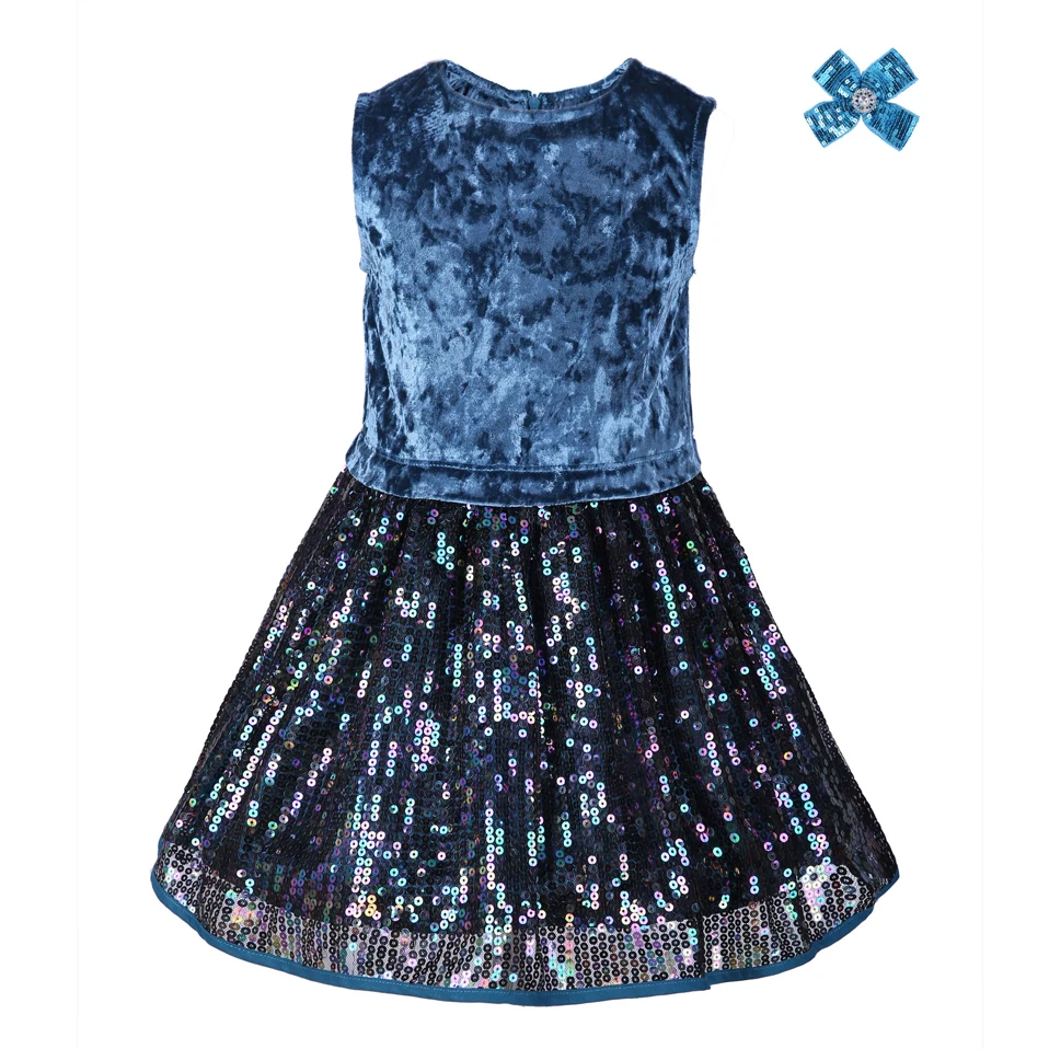 

Pettigirl Vintage Blue Velvet Dress For Girls Fashion Sleeveless Sequin Girl Vestidos With Hair Clip Kid Clothes For Girls A174
