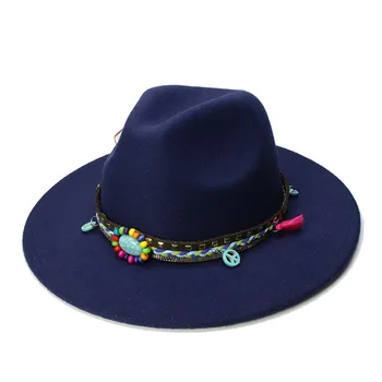 

LUCKYLIANJI Retro Kid Child Vintage 100% Wool Wide Brim Cap Fedora Panama Jazz Bowler Hat Turquoise Leather Band(54cm/Adjusted)