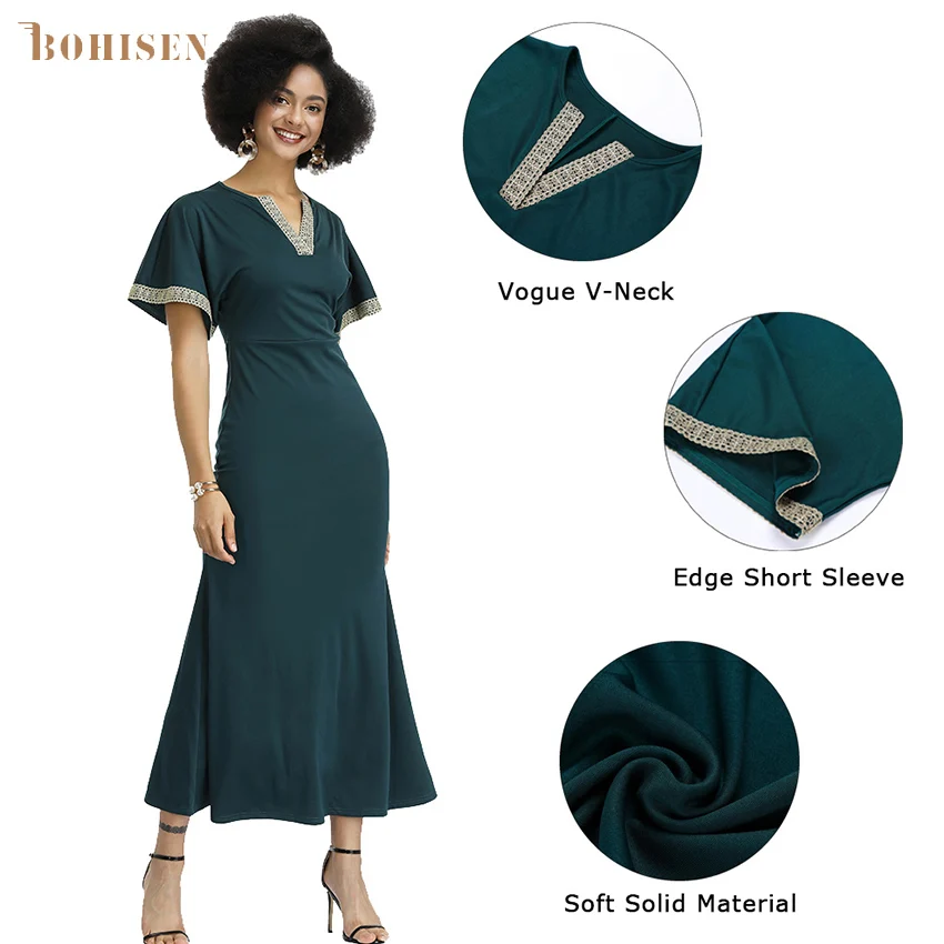

BOHISEN 2019 New Dashiki African Women Maxi Dress Bazin Skirts Short Sleeve V-Neck Female African Clothes For Women Formal Dress