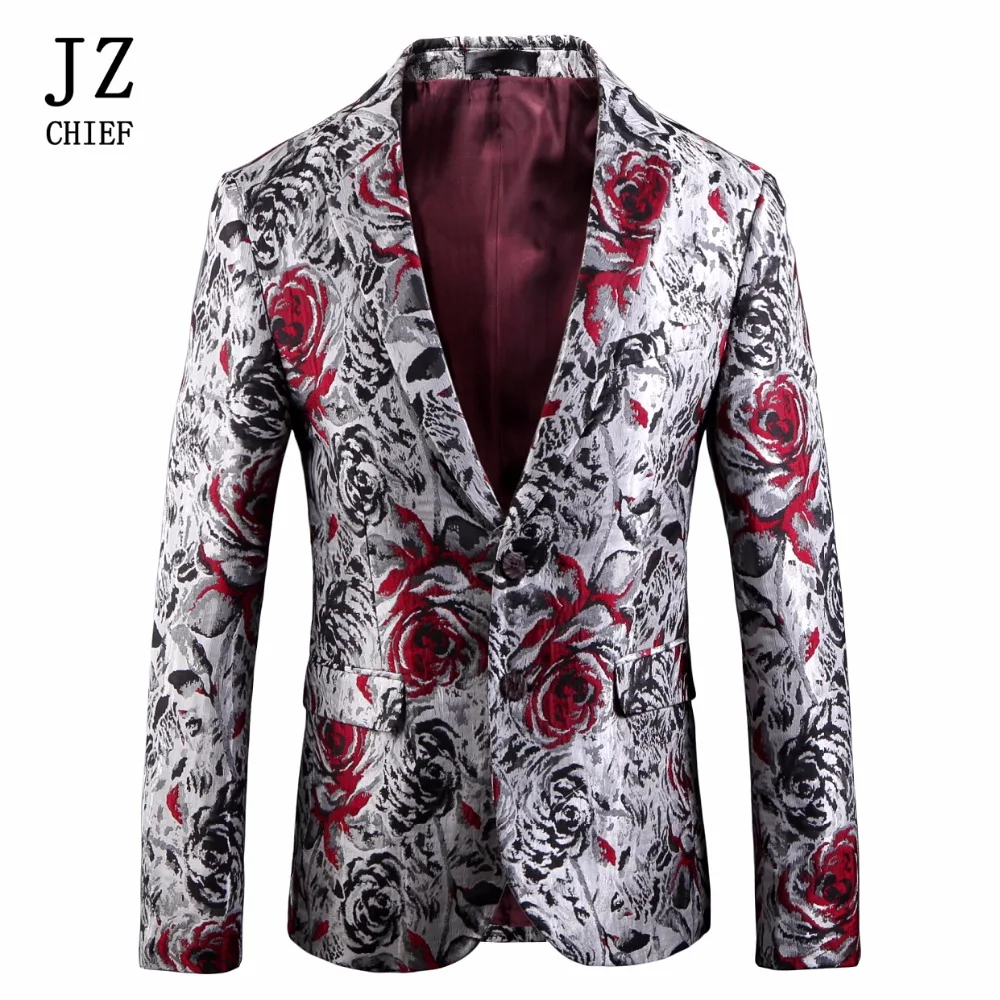 

JZ CHIEF Fashion Print Red Roses Blazer Men Casual Slim Fit Suit Jacket Masculine Singer Coat Vintage Party Blazer Plus Size 5XL
