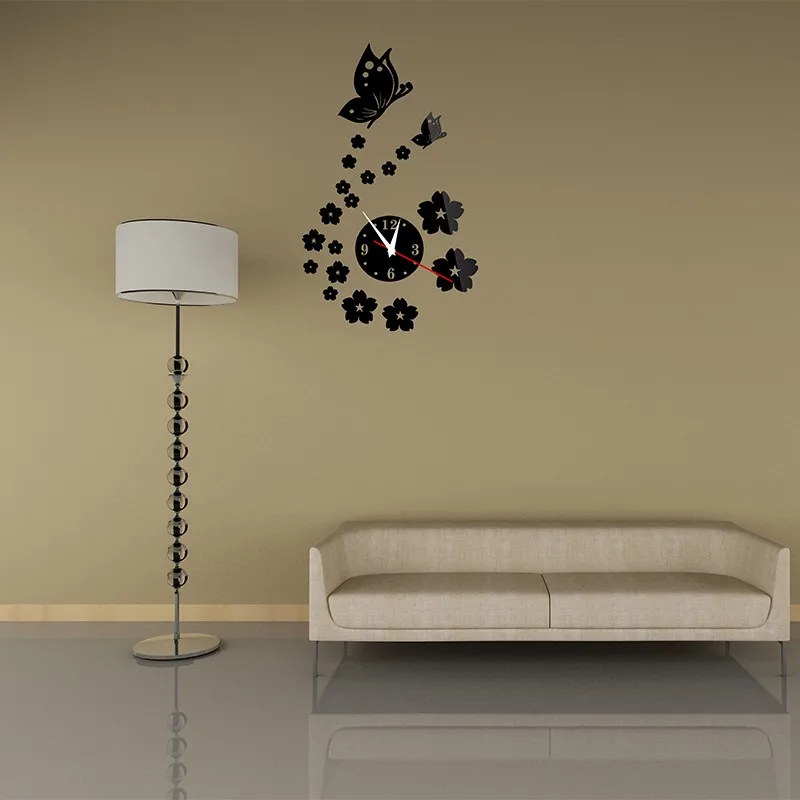 3D зеркальные настенные часы DIY хрустальные часы настенные часы украшение дома, Reloj De Pared 2 бабочки и 17 цветов