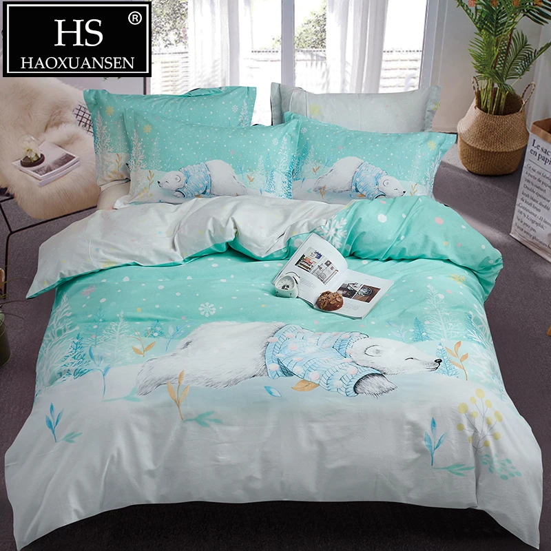 

Fresh Style Cotton Sanding 4pcs Bedding Sets Cyan White Polar Bear Pattern Duvet Cover Bed Sheet Set Pillowcase Queen King Size