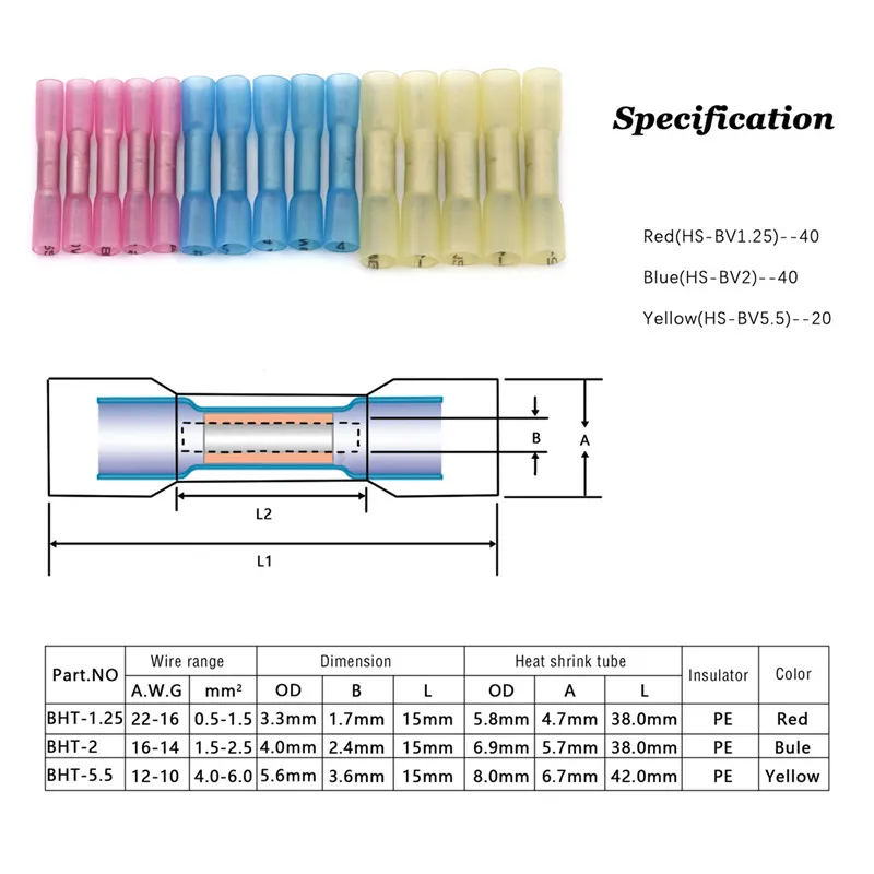 10 шт./компл. термоусадочные Водонепроницаемый утепленная разъема нейлон латуневый терминал красные, синие желтые AWG 22 до 10 комплект