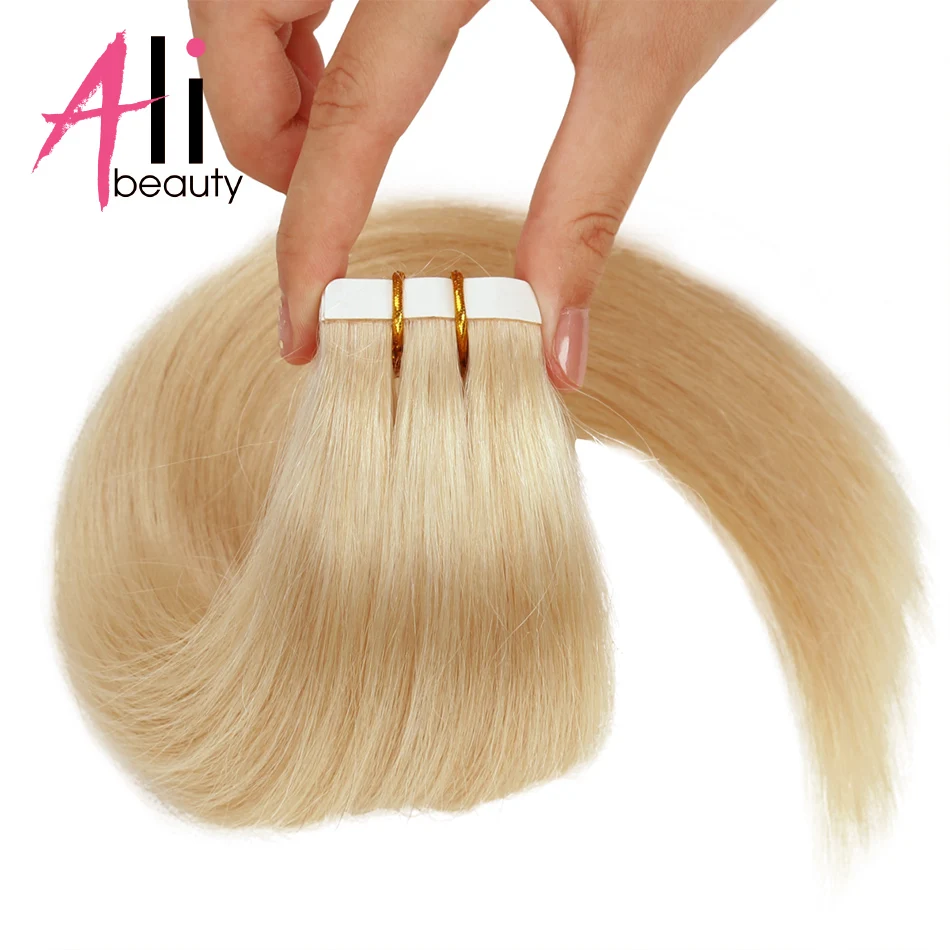Лента для наращивания волос ALI BEAUTY, бразильские волосы для наращивания, прямые клейкие невидимые Человеческие волосы Remy из искусственной кожи - изображение