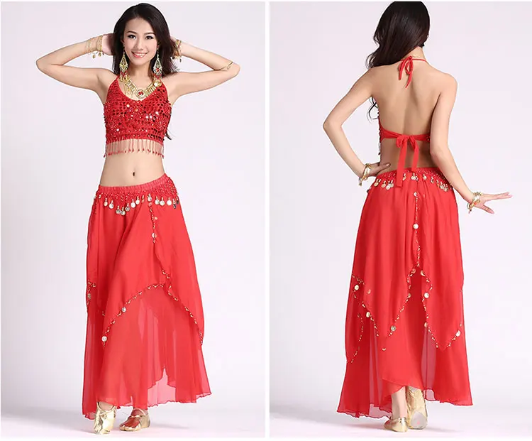 Women Belly Dacing Clothing 5 Flowers Top+Gold Coins Skirt 2pcs Belly Dance Suit For Lady Belly Dance Clothes