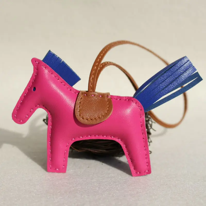 Handmade Lambskin Genuine Real Leather Mini Horse Keychain Animal Key Chain Women Bag pendant Charm Accessories Birthday Gift