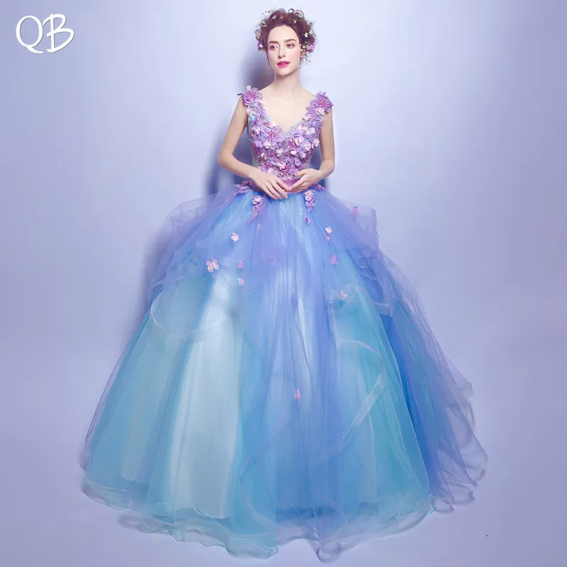 Новое Модное бальное платье с открытой спиной, пышные синие вечерние платья с цветочной аппликацией и бисером, Роскошные вечерние платья XK05